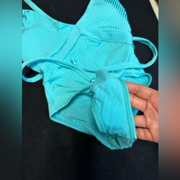 Robin Piccone Yasmine One-piece Swimsuit - Aqua Teal Plunge Silver Ribbed Size 2 - Picture 3 of 12